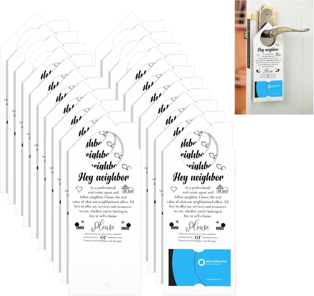 Geyoga 50 Pack Hey Neighbor Real Estate Agent Door Hangers with Business Card Design Open House Supplies Real Estate Agent Door Hanger for Home Dorm Office Supplies, 3 x 8 Inch(White)