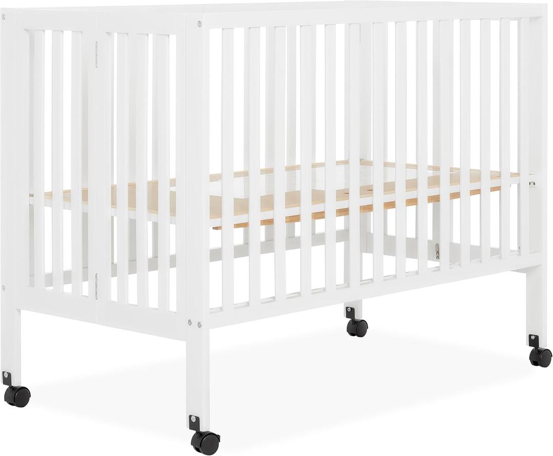 Dream On Me Quinn Full-Size Portable Baby Crib in White, GreenGuard Gold & BSA, Patented Quick Fold System, Adjustable Mattress Support, Heavy-Duty Wheels, Compact Design, Safe Sleep Assurance
