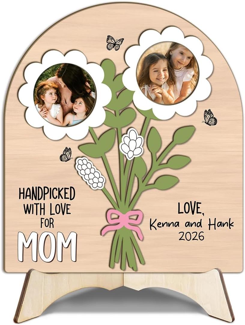 DIY Custom Flower Bouquet Photo Sign, Handpicked With Love Flower Photo Frame, Mothers Day Birthday Picture Tabletop Display Keepsake Gift for Mom Mommy, Mother's Day Photos Plaque from Daughter Son