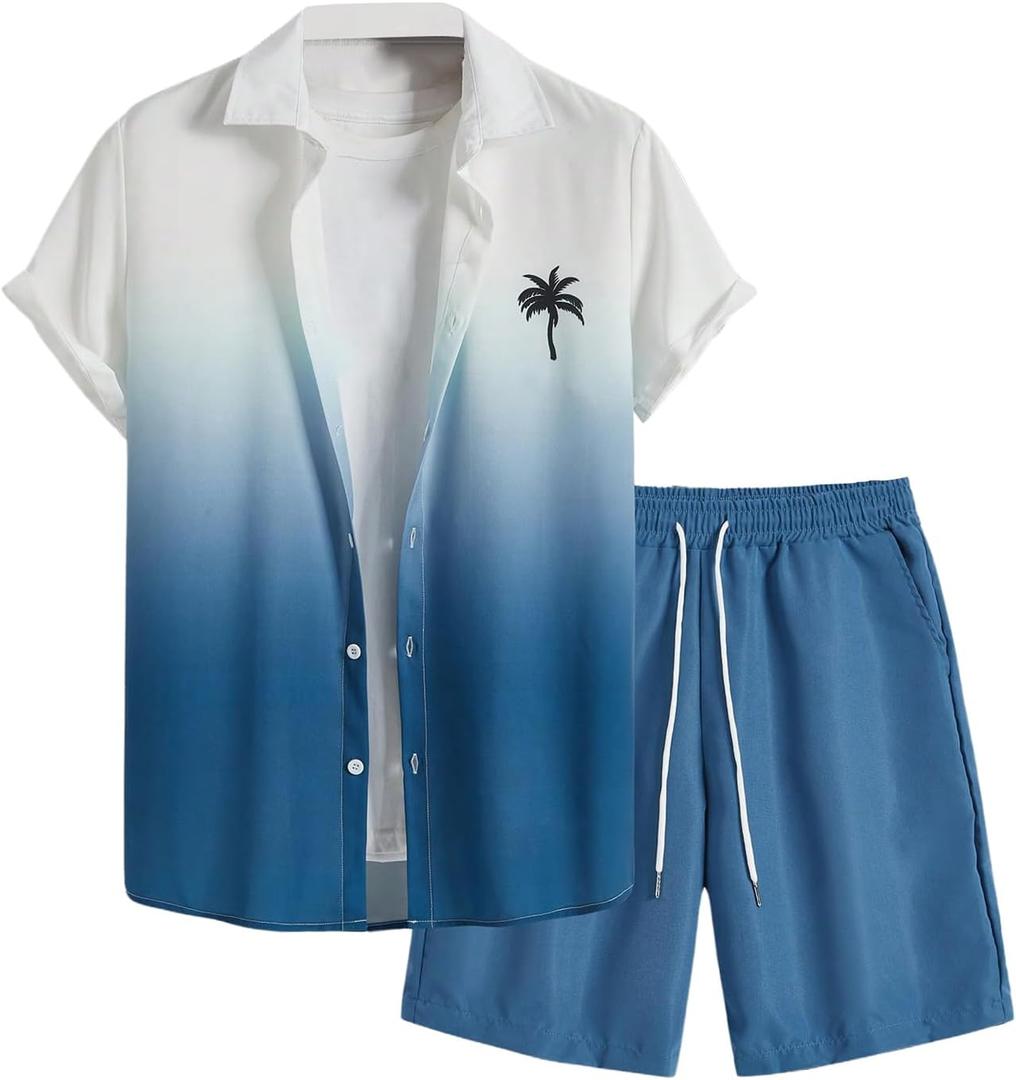 Floerns Men's 2 Piece Outfit Hawaiian Button Down Shirts and Shorts Set (Large, Teal Blue)