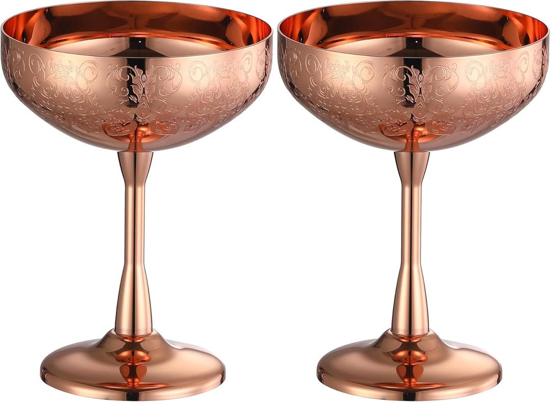 Stainless Steel Coupe Cocktail Glasses Set of 2, Unbreakable Cocktail Glasses for Margarita, Manhattan, Champagne Engraved Design (Copper Plated Set of 2)