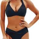 Yonique Women Two Piece Bathing Suits Push Up Bikini Set Halter Swimsuit Vintage Swimwear (Black, L)