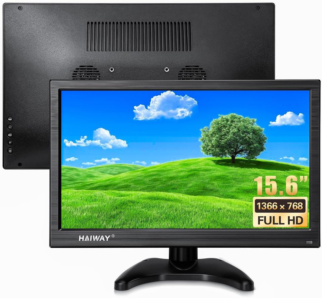 Haiway 15.6 Inch Small HDMI Monitor, 1366x768 Resolution Security CCTV Monitor with HDMI BNC VGA AV USB Ports, Built-in Speakers LED Monitors for PC, Laptop and Computer for Home Office Warehouse