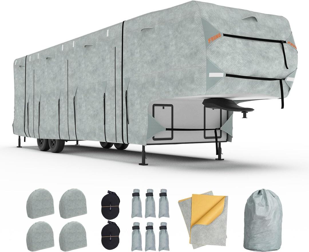 Durable Non-Woven 5th Wheel RV Cover Fits 26.1'-29' Trailers – Waterproof, Tear-Resistant, Sun-Resistant Camper Cover 4 Tire Covers & Gutter Guards