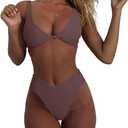 geluboao Bikini Set for Women Solid V Neck Knot Front Push Up High Leg Thong Two Piece Swimsuit (X-Large, Coffee)