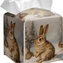 Grace Yonks Winter Tissue Box Cover Square, Snow Rabbits in Forest Design Cube Case for Facial Tissues, 5.2" PU Leather. (101)