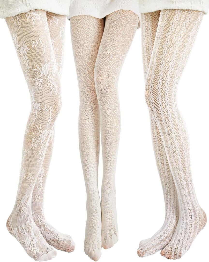 JaGely 1/2/3 Pair White Lace Tights for Women White Fishnet Hollow out Knitted Tights Lolita Stockings Lace Strips Pantyhose (One Size, Retro Style)