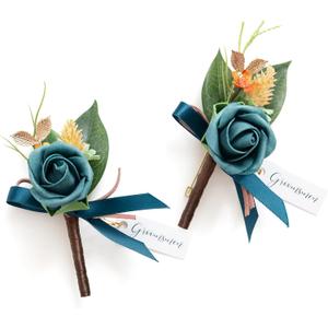 Ling's moment Boutonniere for Men, 2pcs Groom Groomsmen Guest Boutonniere, Artificial Flowers for Wedding/Prom/Homecoming, etc.Dark Teal Burnt Orange