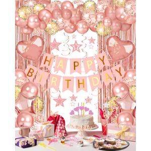 Lutoys Rose Gold Happy Birthday Party Decorations, Happy Birthday Banner, Rose Gold Foil Heart Star Confetti Balloons Curtain Backdrop Hanging Swirls Party Decor for Girls Women Princess