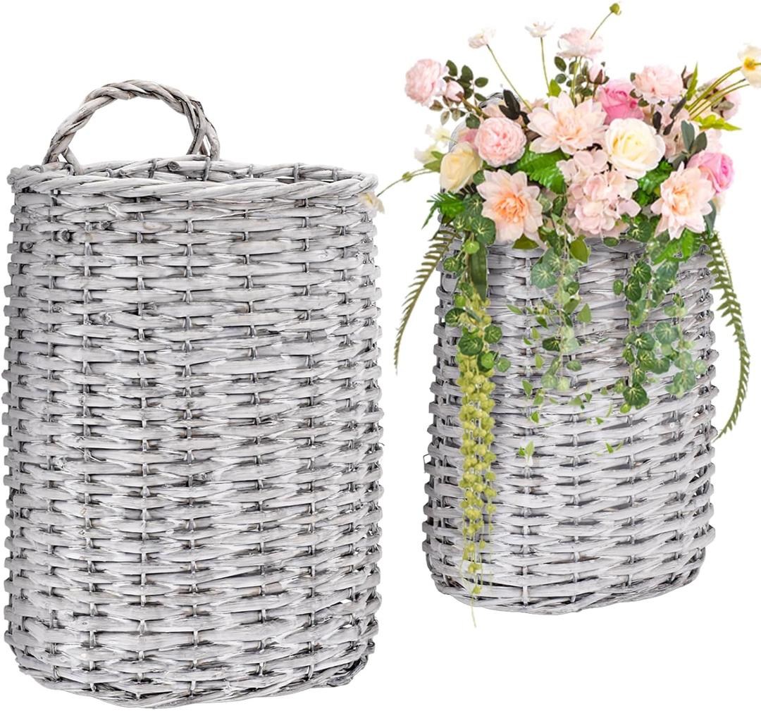 Coloch Set of 2 Wall Hanging Wicker Basket, Farmhouse Garden Hanging Planter Decorative Front Door Hanger Woven Rattan Flower Basket for Wall, Door, Living Room, Patio, 2 Sizes