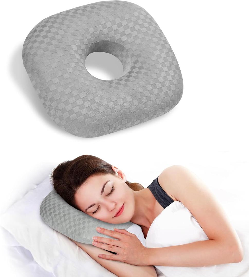 Ear Piercing Pillow for Side Sleepers - Ear Hole Pillow for Pierced Ears, CNH & Pain Relief, O-Shaped Orthopedic Pillow for Pressure Sores, Soft Cotton (Gray) (9.84"x9.84"x2")