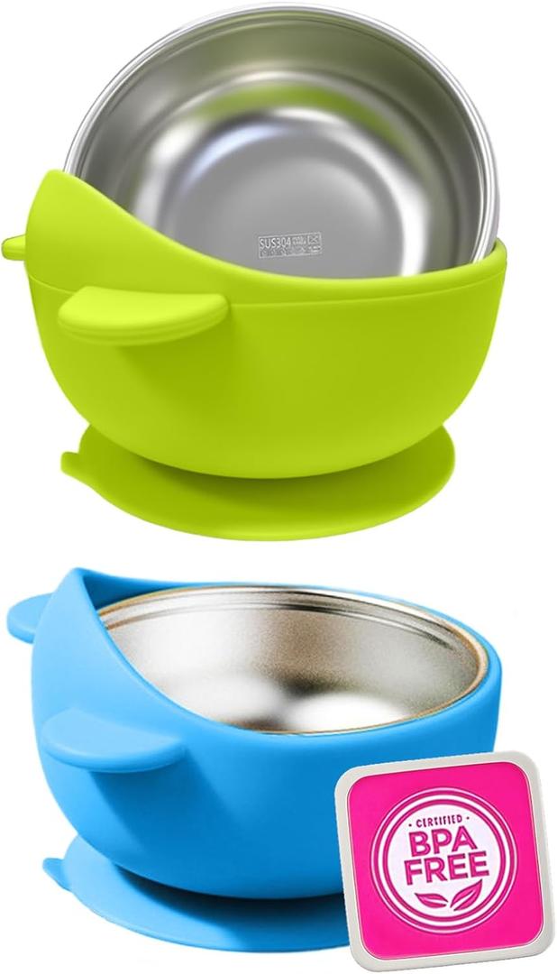 Stainless Steel Baby Bowls with Suction, 2-in-1 Toddler Feeding Set SUS304 Non-Toxic | Unbreakable & Anti-Scald | Super Strong Suction Base | Dishwasher Safe | Perfect Baby Gift - 2Pack 28.9 (Green/Blue)
