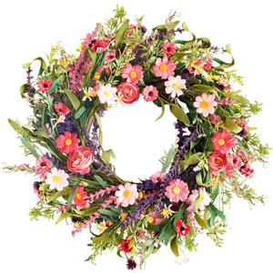 Qingbei Rina Spring Wreaths for Front Door, 22 Inch Door Wreath for Decorating with Daisy and Lavender, Wildflower Wreaths Indoor Outdoor, Home Windows Wall Farmhouse Wedding Decor (Colorful)