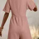 AlvaQ Rompers for Women Solid Color Casual Short Sleeve V Neck Zipper Short Jumpsuits with Pockets (Pink, XXL)