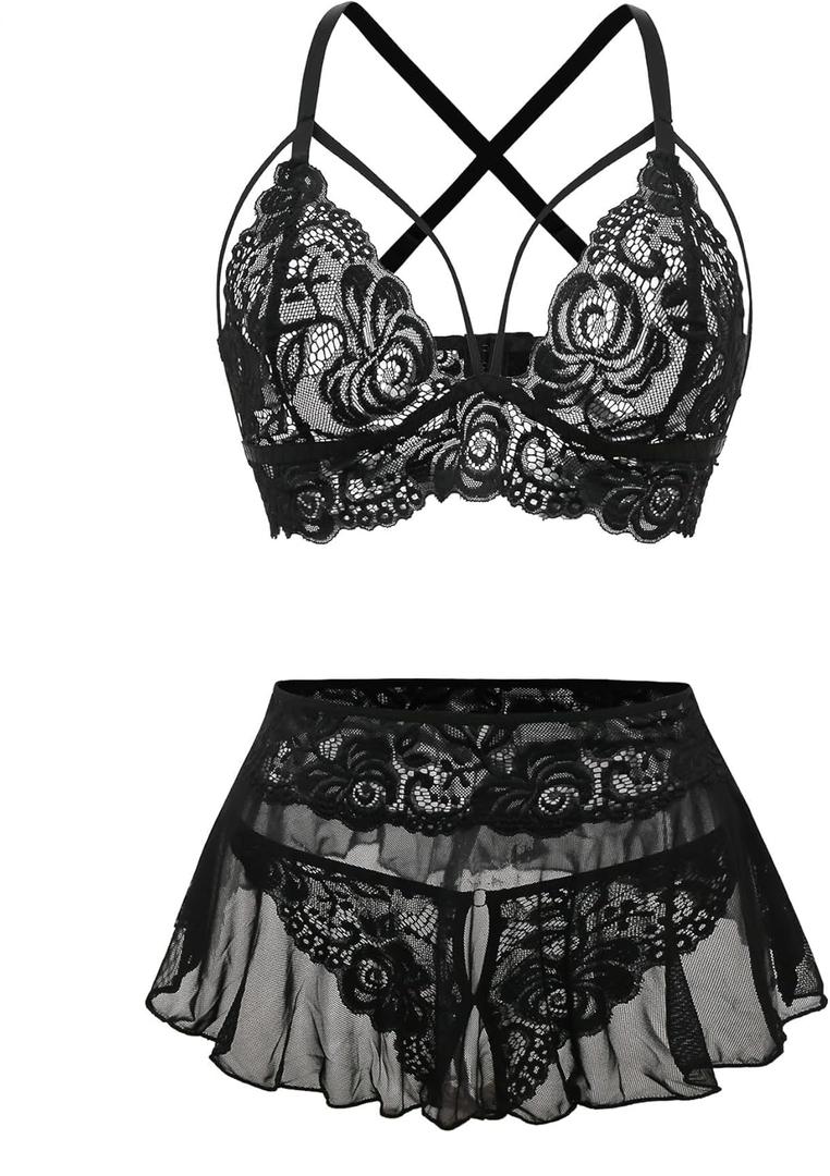 Foxiny Sexy Mini Skirt with G-String Crotchless Floral Lace Sheer Bralette Lingerie Set 3 Piece Otufits Women See Through Bra Panty Strappy Black X-Large
