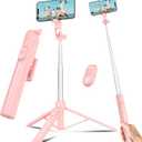 Selfie Stick Travel Tripod for Cell Phone with Remote Control and Phone Holder, Extendable Selfie Stick for iPhone, iPhone Tripod for Video Recording, 63 Inch, Pink