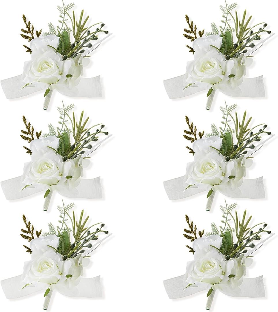 Boutonniere for Men Wedding, Set of 6, Elegant Artificial White Rose Boutonniere for Wedding Prom Homecoming Party, Perfect Accessories for Groom Best Man