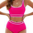 Adisputent Womens High Waisted Bikini Color Block Swimwear Bandeau Top Sports Style Scoop Crop Swimsuit 2 Piece Bathing Suits (Small, Rose Purple)