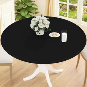 Smiry Round Picnic Tablecloth, Waterproof Elastic Fitted Table Covers for 36" - 44" Tables, Wipeable Flannel Backed Vinyl Tablecloths for Camping, Indoor, Outdoor, Black