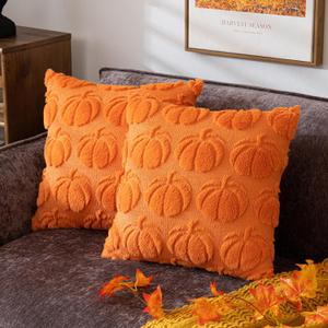 Pumpkin Fall Decorative Throw Pillow Covers 20"x20", Set of 2 Orange Soft Faux Fur Pillow Covers for Autumn Harvest, Fluffy Plush Accent Pillow Cases for Farmhouse Couch Cushion Covers
