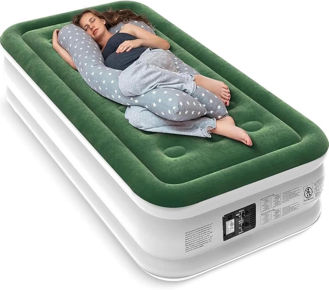 Air Mattress with Built in Pump - Upgraded Twin Blow Up Mattress, 2 Mins Quick Self Inflatable with Double Air Chamber,18"/550lbs Max, Strong Support, for Camping,Home,Guests,Portable Travel (Green)