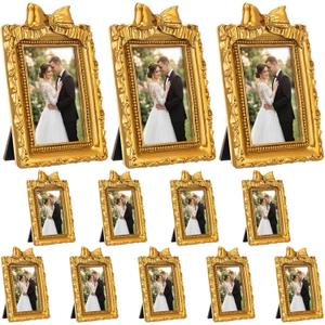 Vicenpal 12 Pcs Gold Tiny Picture Frame 2.4 x 1.7 Inch Small Vintage Oval Picture Frames Stylish Vintage Baroque Ornate Antique Resin Oval Table Display for Home Wedding (Retro Style)