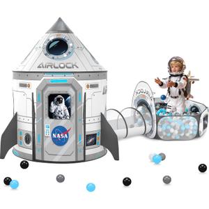 3Pcs Kids Rocket Play Tent for Boys: Pop Up Toddlers Spaceship Playhouse with Baby Crawl Tunnel, Ball Pit and Castle Tent - Children Game Tent Toys Indoor and Outdoor for Birthday