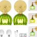 Vintage Battery Operated Wall Sconce Set of 2, Wireless Wall Sconce with Green Tulip Glass Shade, Rechargeable & Remote Control Wall Lamp for Living Room, BedroomHallway Wall Decor Lights