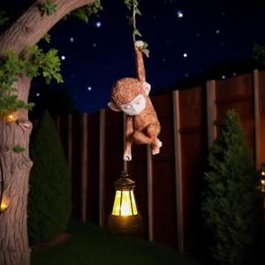 Solar Powered Hanging Monkey Figurine with LED Lantern Resin Climbing Baby Chimpanzee Vine Statue for Garden, Yard, Wall Decor  Waterproof, Durable & Adorable Outdoor Solar Light