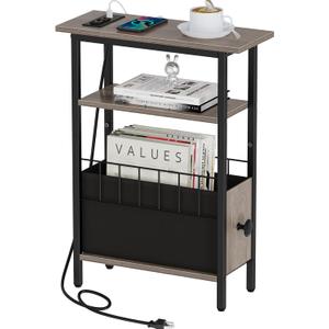 Snughome Narrow Side Table with Charging Station, Slim End Table for Small Spaces, 3 Tier Skinny Nightstand with Drawer, Sofa Beside Table with Storage Shelf for Living Room Bedroom Grey