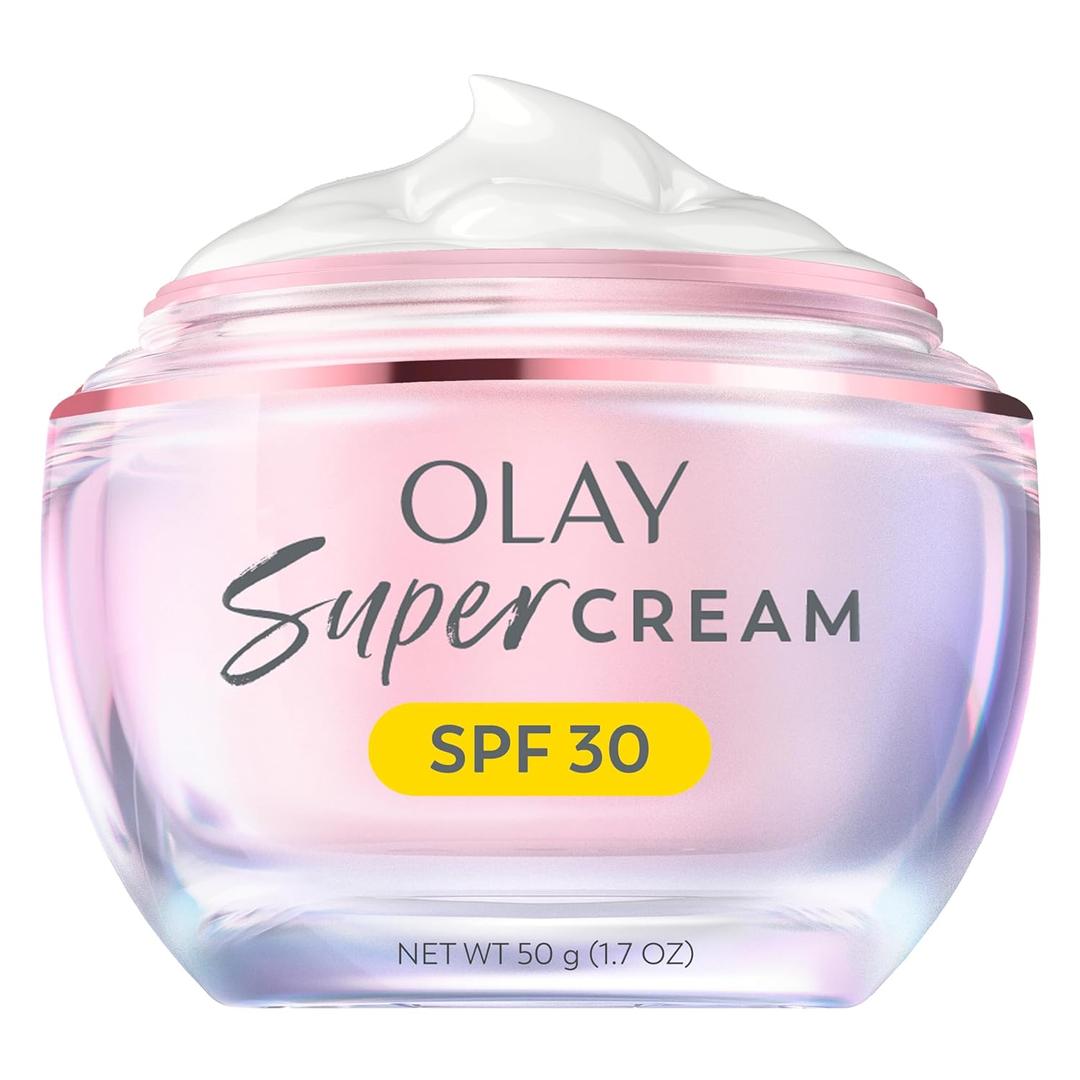 Olay Super Cream with Sunscreen SPF 30, Lightweight Face Moisturizer with Sun Protection, 5-in-1 Skin Care Benefits - Hydrating, Brightening, Firming - Niacinamide, Vitamin C, Collagen Peptide, 1.7 oz