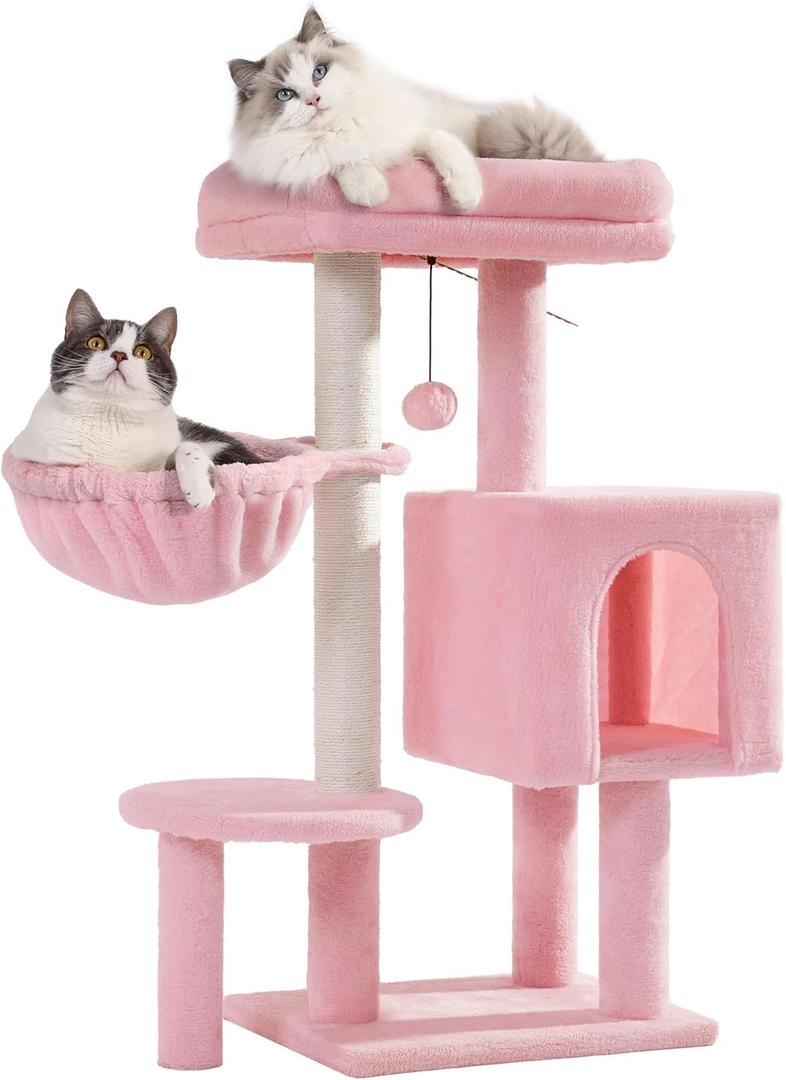 Small Cat Tree Pink Cat Tower with 32 Inches Scratching Post with Cats Condo House, Cozy Hammock and Removable Top Bed and Dangling Ball for Indoor Cats-34 Pink