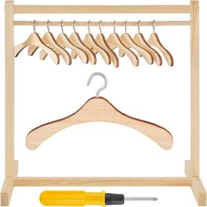 Civaner 11 Pcs Doll Garment Rack with Wooden Clothes Hanger for 18 Inch Girl Doll Clothes Mini Hangers Wardrobe Furniture Accessories for Dollhouse Baby Shower Supplies , Wood 