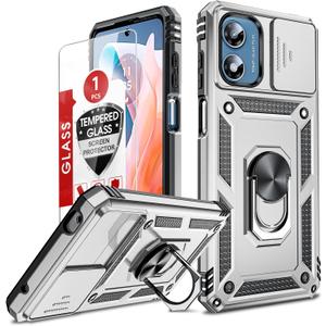 LeYi for Motorola G Play 2024 Case, Moto G Play 2024 Phone Case with Screen Protector and Slide Camera Cover, Military-Grade Protective Cell Case with Ring Kickstand Funda para Moto GPlay 4G, Silver