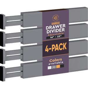 4 Pack Drawer Dividers Bamboo 2.6" High, 16-22" Adjustable Drawer Organizers for Clothes, Expandable Dresser Separators in Bedroom/Bathroom/Kitchen/Office Organization and Storage (Grey)