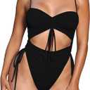 Viottiset Women's Cut Out Drawstring One Piece Swimsuit Cheeky High Cut Bathing Suit, Black,M