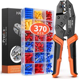 Wire Terminals Crimping Tool Kit with New Handle Design, Preciva AWG20-10 Insulated Ratcheting Crimper Tool with 370PCS Insulated Wire Connectors (USRC50371)