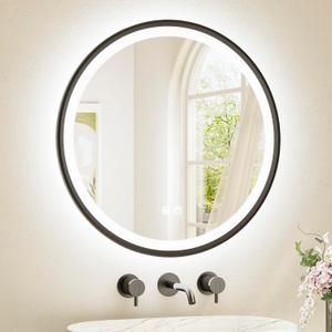 TETOTE Round Led Lighted Bathroom Mirror Matte Black Frame 24 Inch Front and Backlit Circle Round Light up Vanity Mirror with Lights, 3 Color Illuminated Dimmable Anti Fog Wall Mount, IP54 CRI 90+