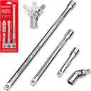 4-Piece 3/8" Drive Socket Extension Bar Set, Professional Socket Extension Set Include 3, 6, and 10 Inch Extensions and 3/8 Inch drive Universal Joint Sockets, Premium Cr-V Steel Construction