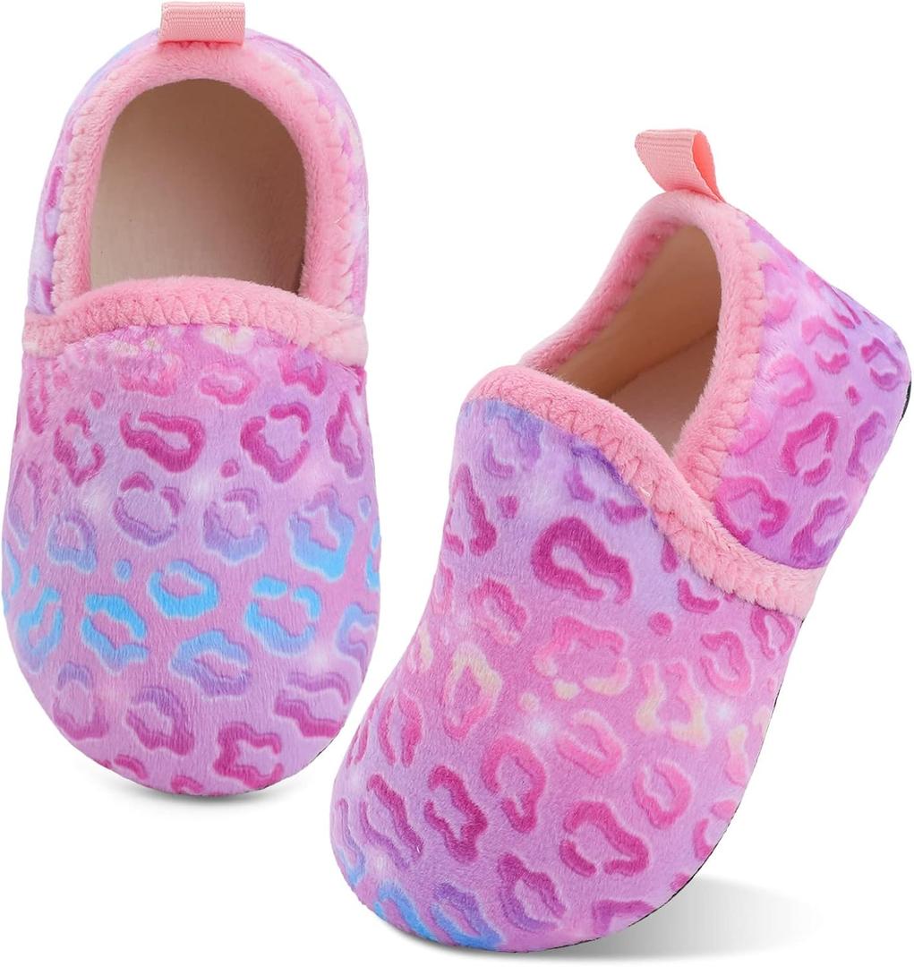 XIHALOOK Toddler Boys Girls House Slippers with Microfleece Lining Cozy Household Shoes Non-slip for Kids (8.5-9 Toddler, E Pink Colorful)