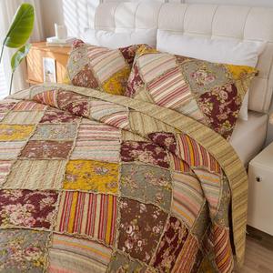 Cmfshape Floral Quilt Sets Bedspread Set 100% Cotton Patchwork Bedding Set, All Season Use Lightweight Reversible Coverlet Quilts with 2 Pillow Shams(King 106"x96"), Brown