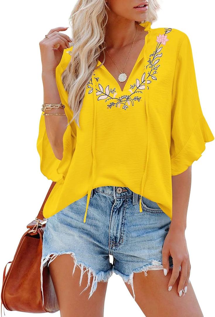 Womens Summer Tops 3 4 Sleeve Women Blouses Casual Boho Top Spring Floral Short Sleeve Shirts Vacation (Yellow, M)