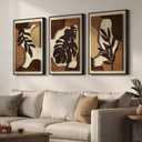 Framed Wood 3D Boho Textured Wall Art for Living Room, Large 3 Piece Carved Wooden Tropical Botanical Artwork for Walls, Brown Monstera Leaf Wood Bedroom Dining Room Home Office Wall Decor, 20x30 Inch