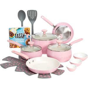 Tasty Clean Ceramic Non-Stick Aluminum Cookware Set, Tempered Glass Lid, Dishwasher Safe, 16-Piece, Pink