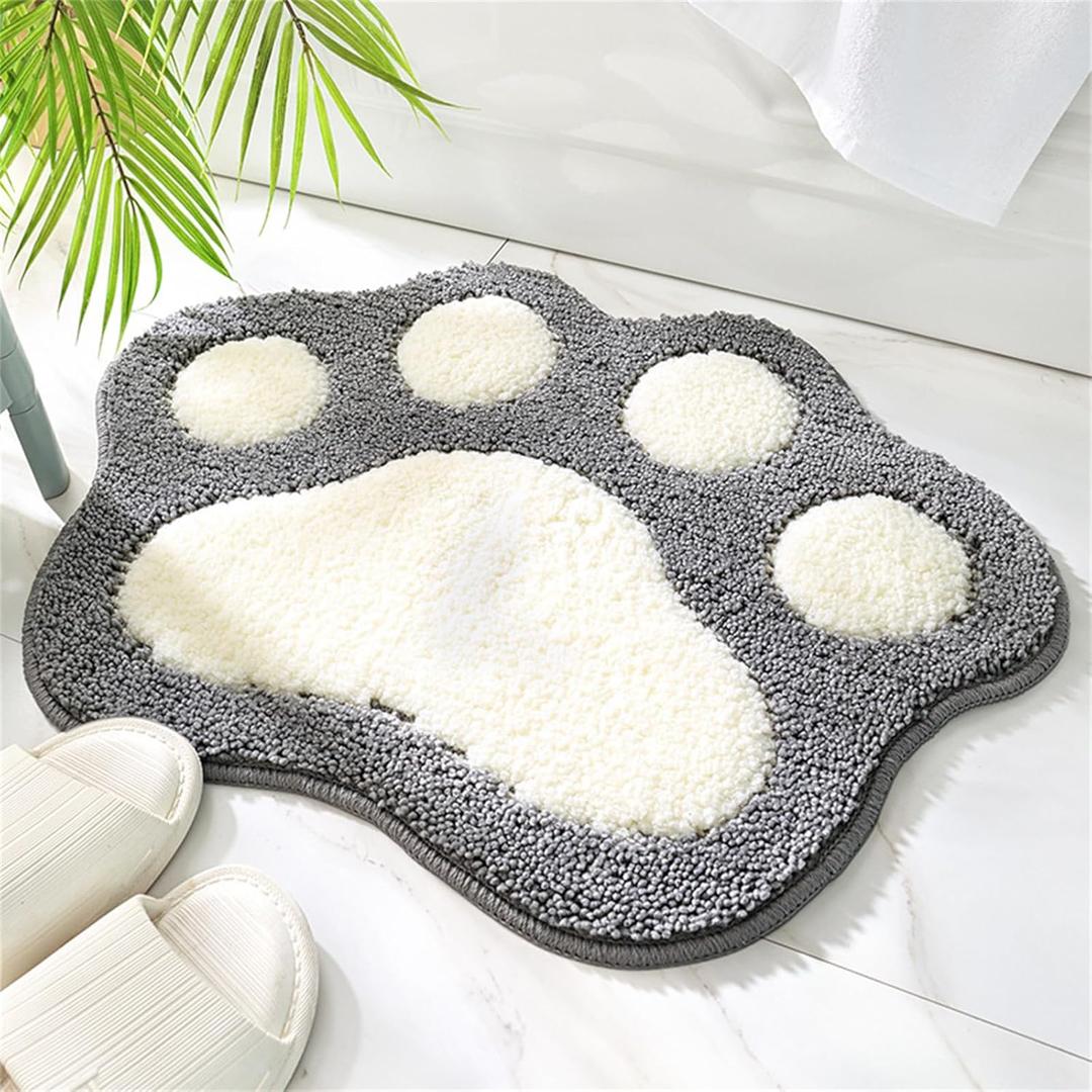 Paw Shaped Bathroom Rug, Water Absorbent Non-Slip Bath Mat, 17.7" x 23.6" Plush Microfiber Bath Rug, Machine Washable Shower Rug (Grey)
