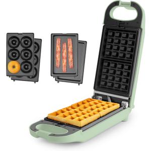 AROMA Swap & Flip Waffle Maker with Removable Plates: 3-in-1 Panini Press, Mini Donut Maker, and Waffle Iron (Green)