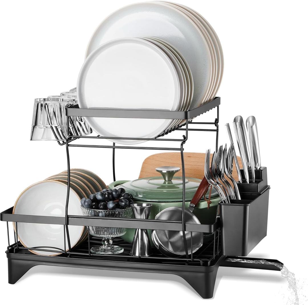 E-far Dish Drying Rack for Kitchen Counter, 2 Tier Small Dish Drainer Drying Rack, 16.7" x 11.8" x 13.9" Metal Organizer with Drainboard and Utensil Holder, Large Capacity & Space Saving, Black