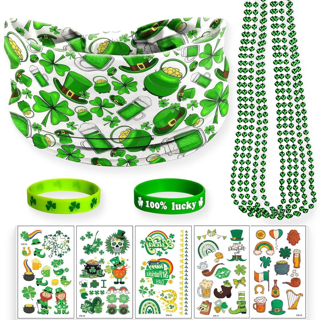 St. Patrick's Day Party Accessories Kit for Adults - 13 Pcs Irish Celebration Set with Shamrock Beer Headband, 5 Necklaces, 2 Wristbands & Stickers for Irish Themed Party Supplies (Green, L)