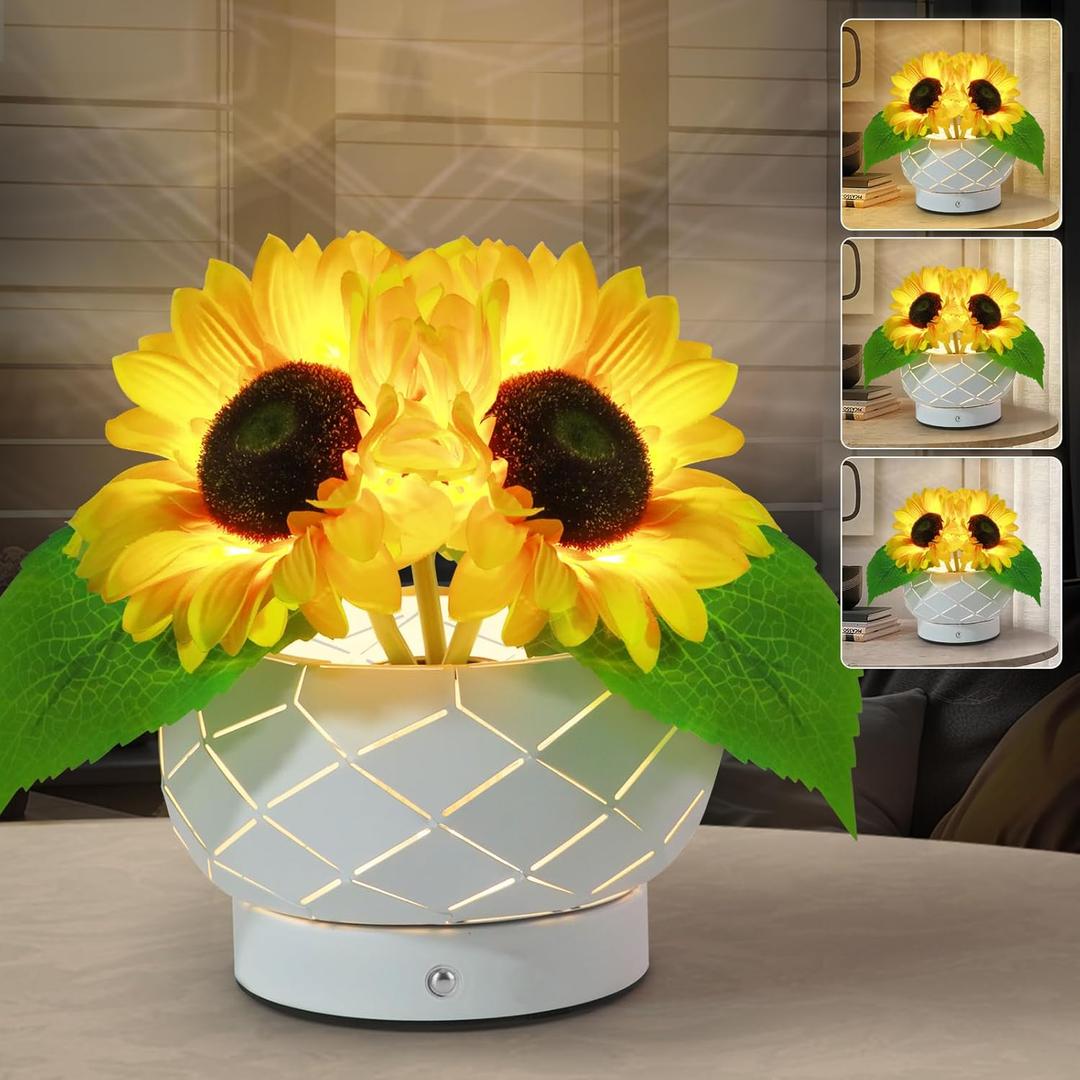 Sunflower Table Lamp, 3 Colors Touch Infinitely Dimming Flower with Vase Lamp, Rechargeable Cordless Artificial Flower Light, LED Potted Flower Lamp Gift for Mom Women Grandma (3 Sunflower)