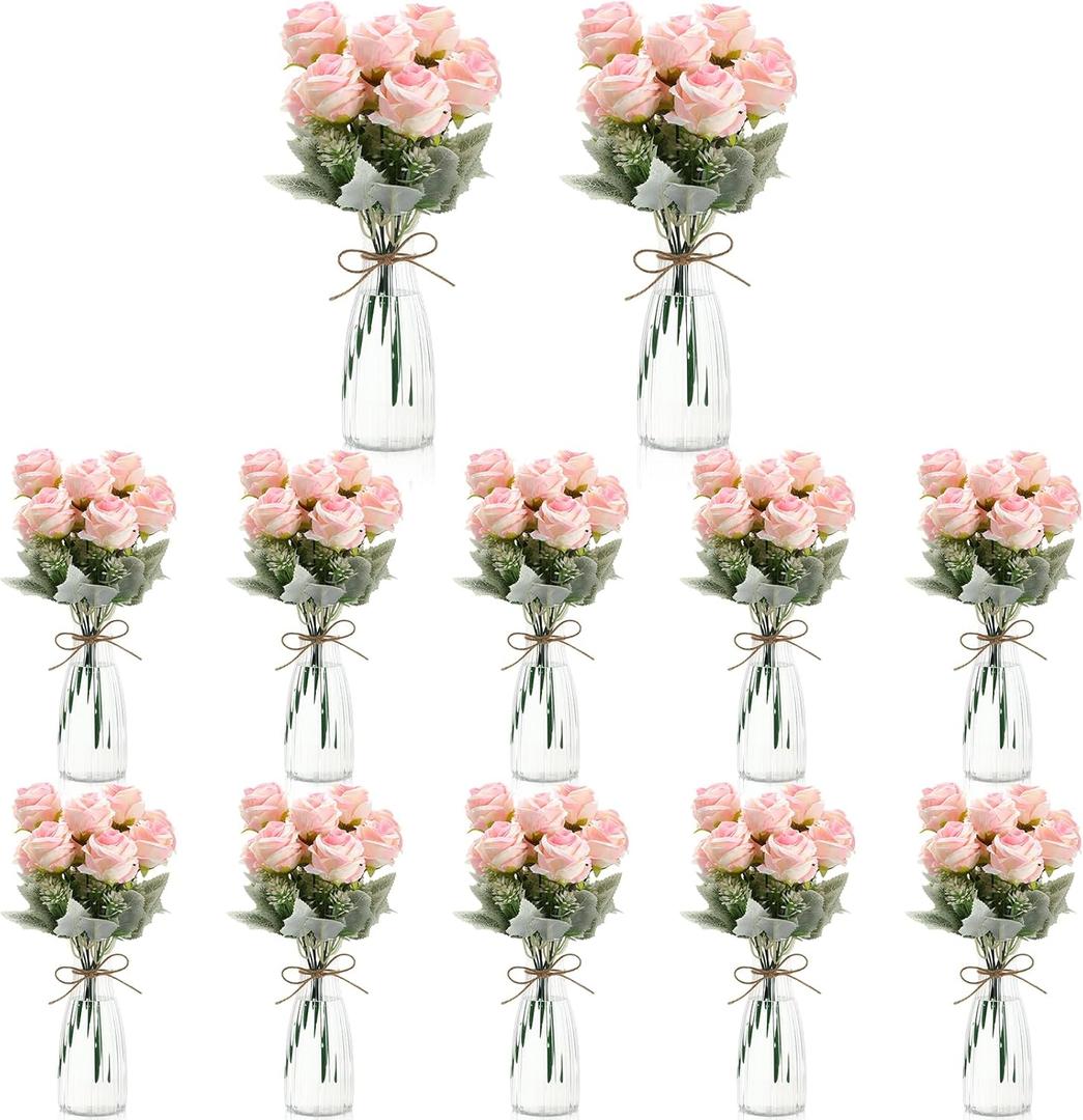 Zeyune 36 Pack Artificial Rose Flowers with Vase Bulk for Table Centerpiece Wedding 24 Bundles Silk Floral Faux Rose Bouquet 12 Plastic Vase with Rope for Bridal Shower Table Decor(Light Pink)